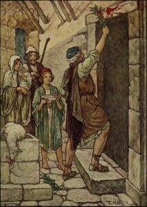A color drawing of a Hebrew man applying blood to lintel of door with boy holding plate of blood nearby and two Israelites standing nearby watching