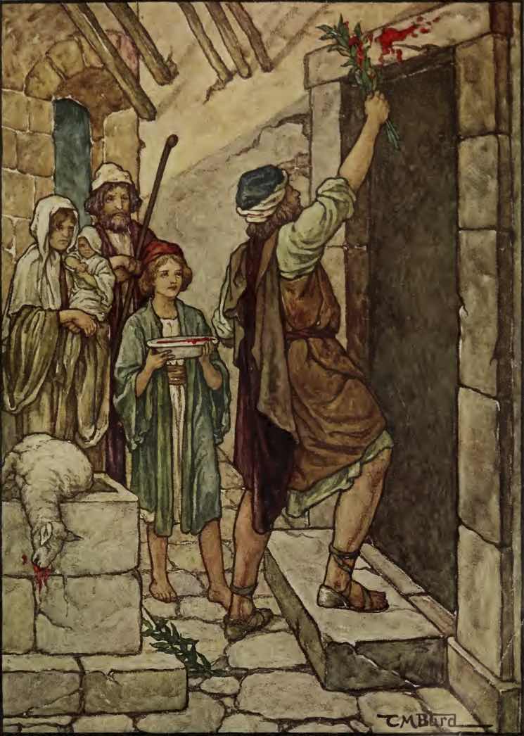 A color drawing of a Hebrew man applying blood to lintel of door with boy holding plate of blood nearby and two Israelites standing nearby watching