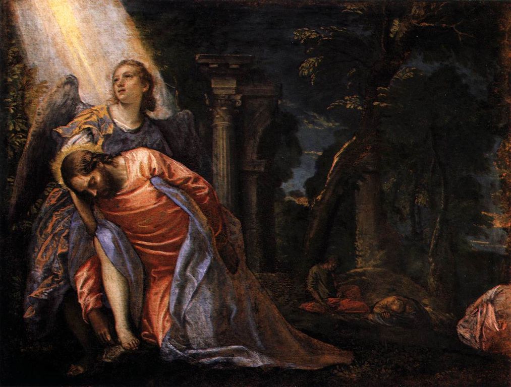 Painting of Jesus in Garden of Gethsemane falling over from exhaustion with light shining down on angel supporting Him