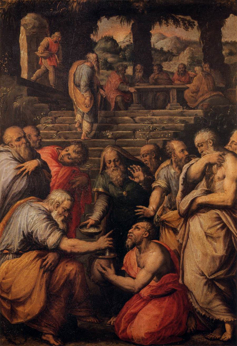 A painting by Giorgio Vasari of the prophet Elisha in the school of the prophets putting meal into the poisoned pottage