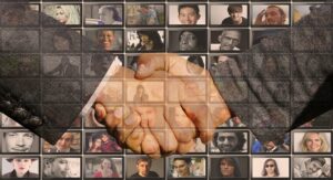A photo collage of 56 headshots of diverse male and female individuals with a handshake of two hands in suits overlay superimposed on top