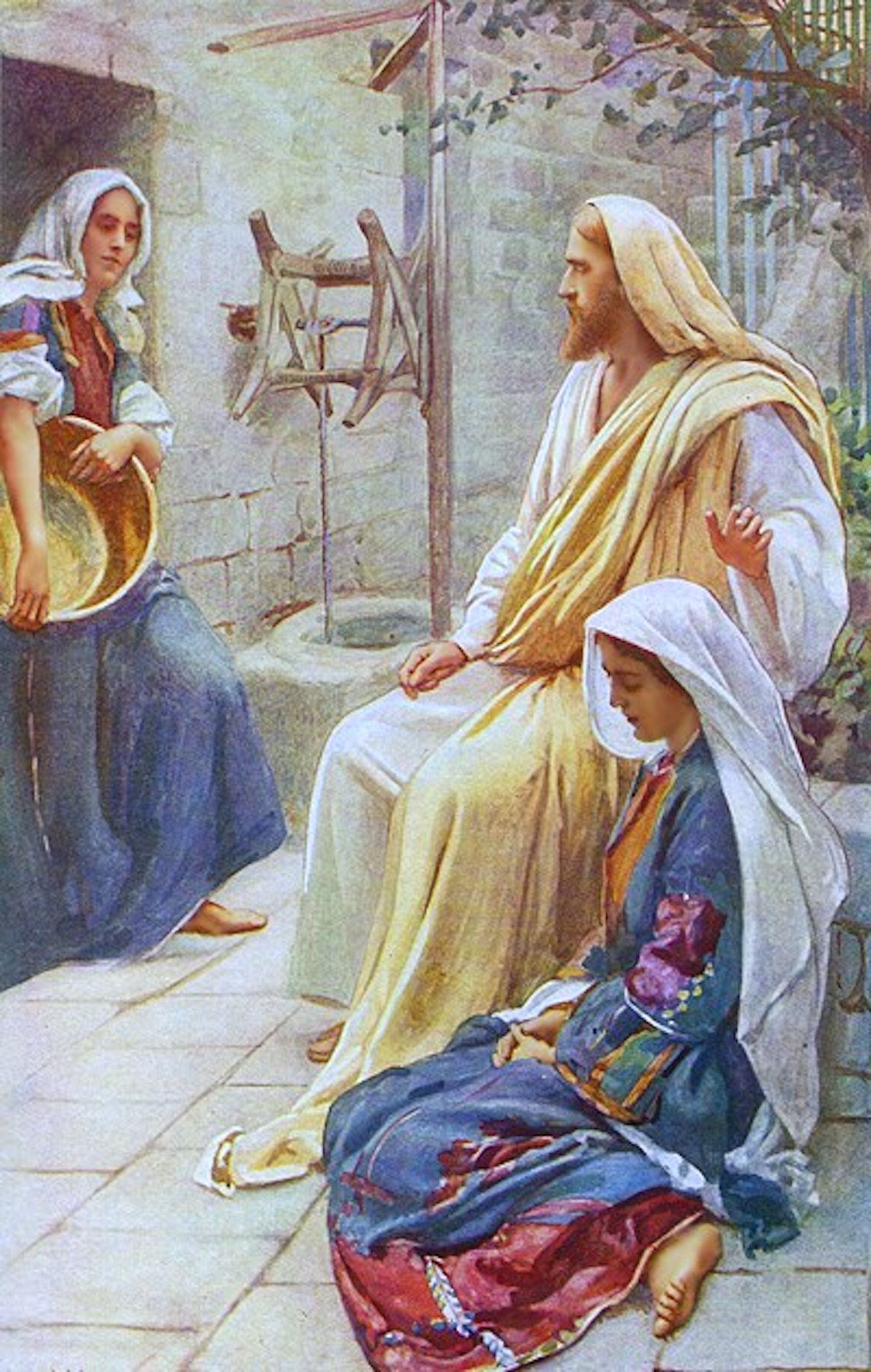 A print of Mary sitting on the ground next to Jesus' feet with Martha at a doorway holding a large bowl while looking at Jesus
