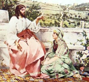 Painting of Mary sitting and the feet of Jesus while He is teaching