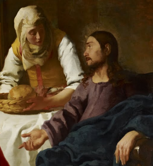 A painting by Johannes Vermeer of Christ in the house of Martha and Mary cropped to show Jesus speaking to Martha