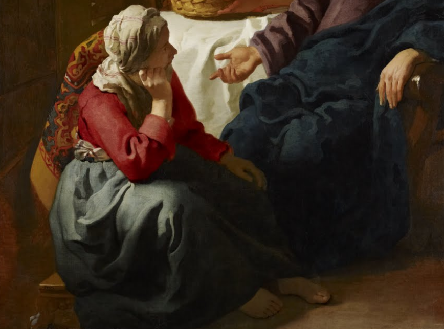 A painting by Johannes Vermeer of Christ in the house of Martha and Mary cropped to show Mary at the feet of Jesus
