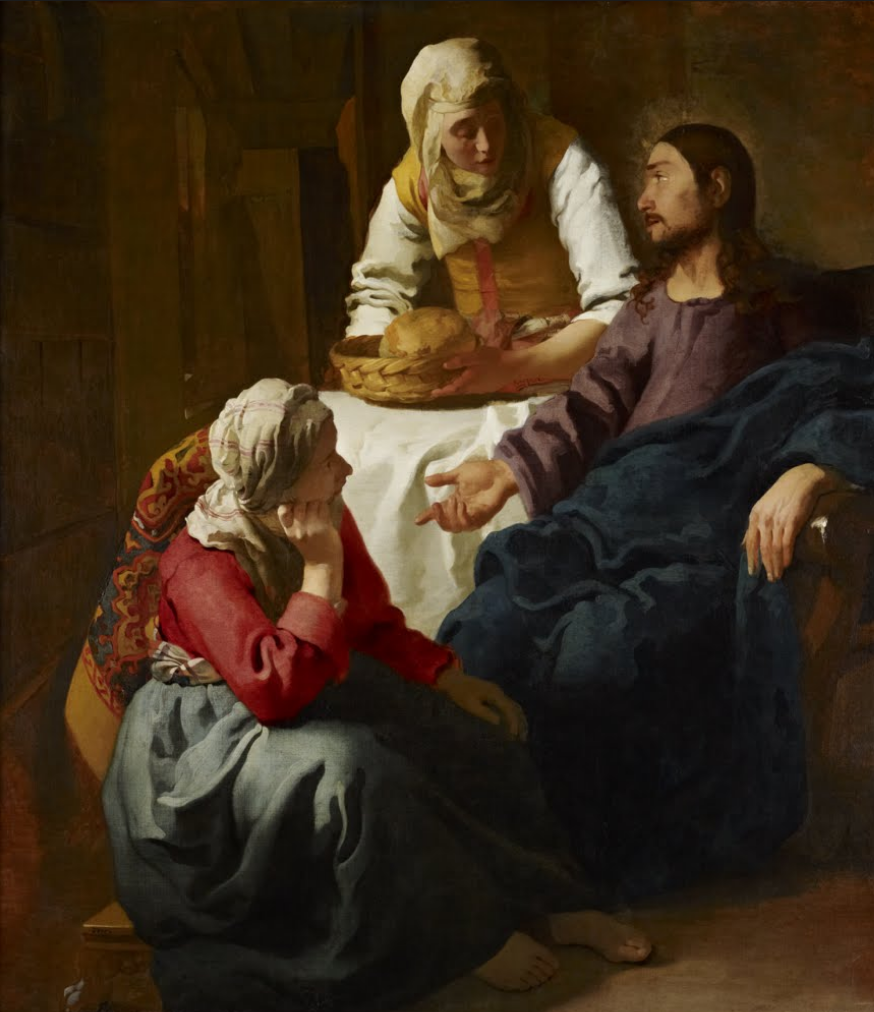 A painting of Christ seated in the house of Mary and Martha. Mary is seated at his feet and Martha serving Him a basket of bread.