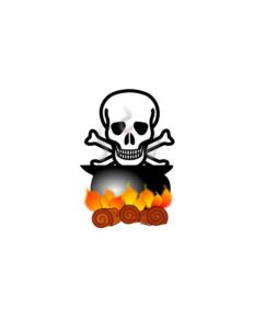 A graphical image of a skull and crossbones resting on top of a boiling pot with flames underneath