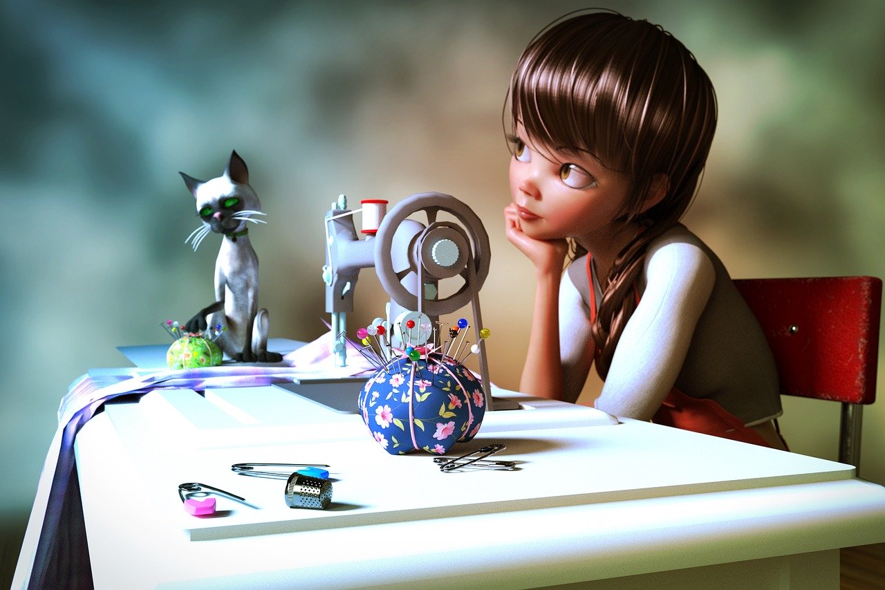 Modern doll sitting at a sewing machine (complete with pins, pin cushion, thimble and a white siamese cat) with a pondering distant expression in her face