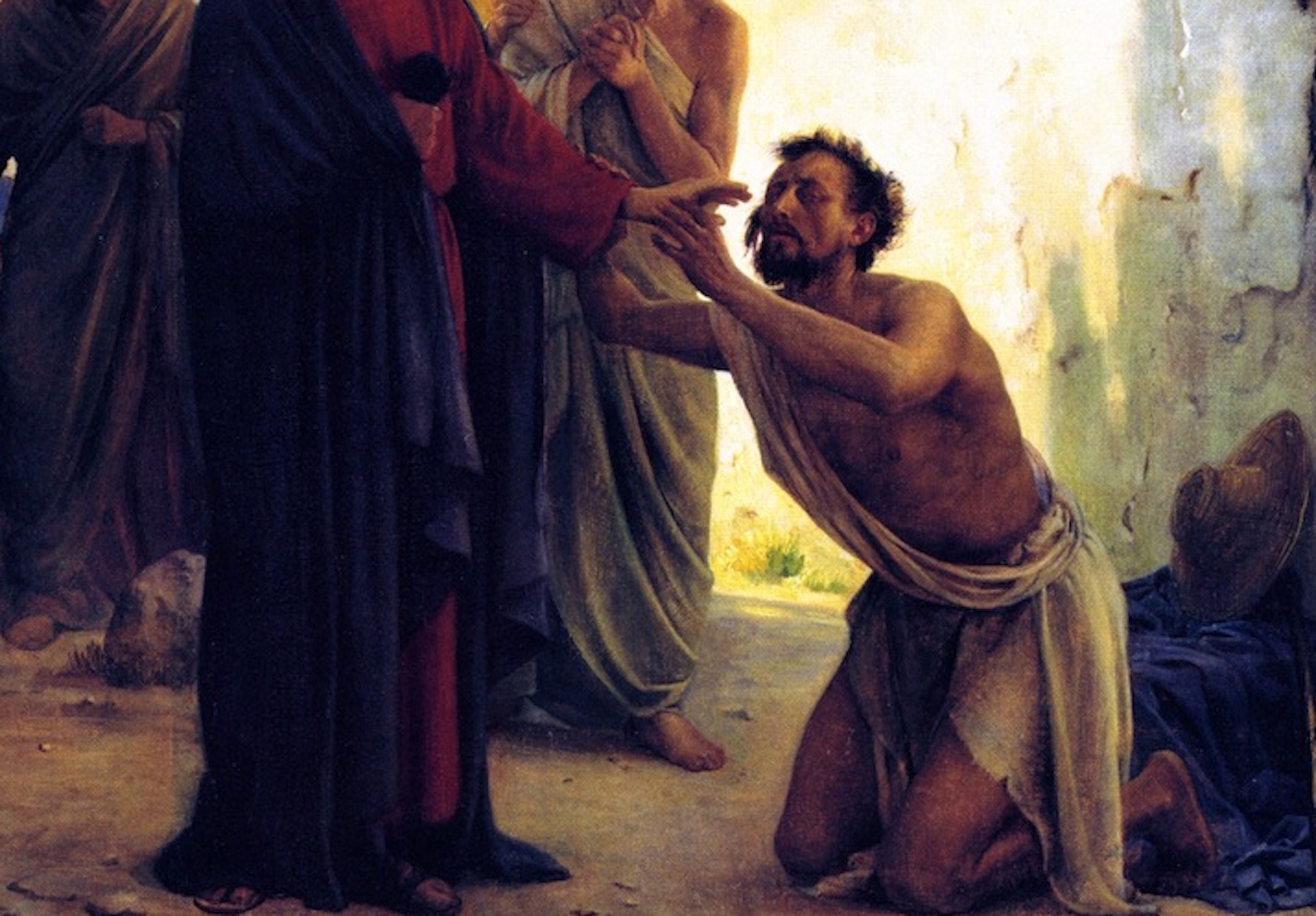 A cropped painting by Carl Bloch of Jesus healing the blind man