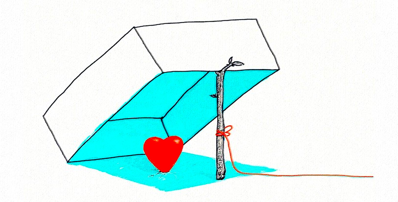 A line drawing of a box trap held by a stick with a red string attached while leaning over a red heart.
