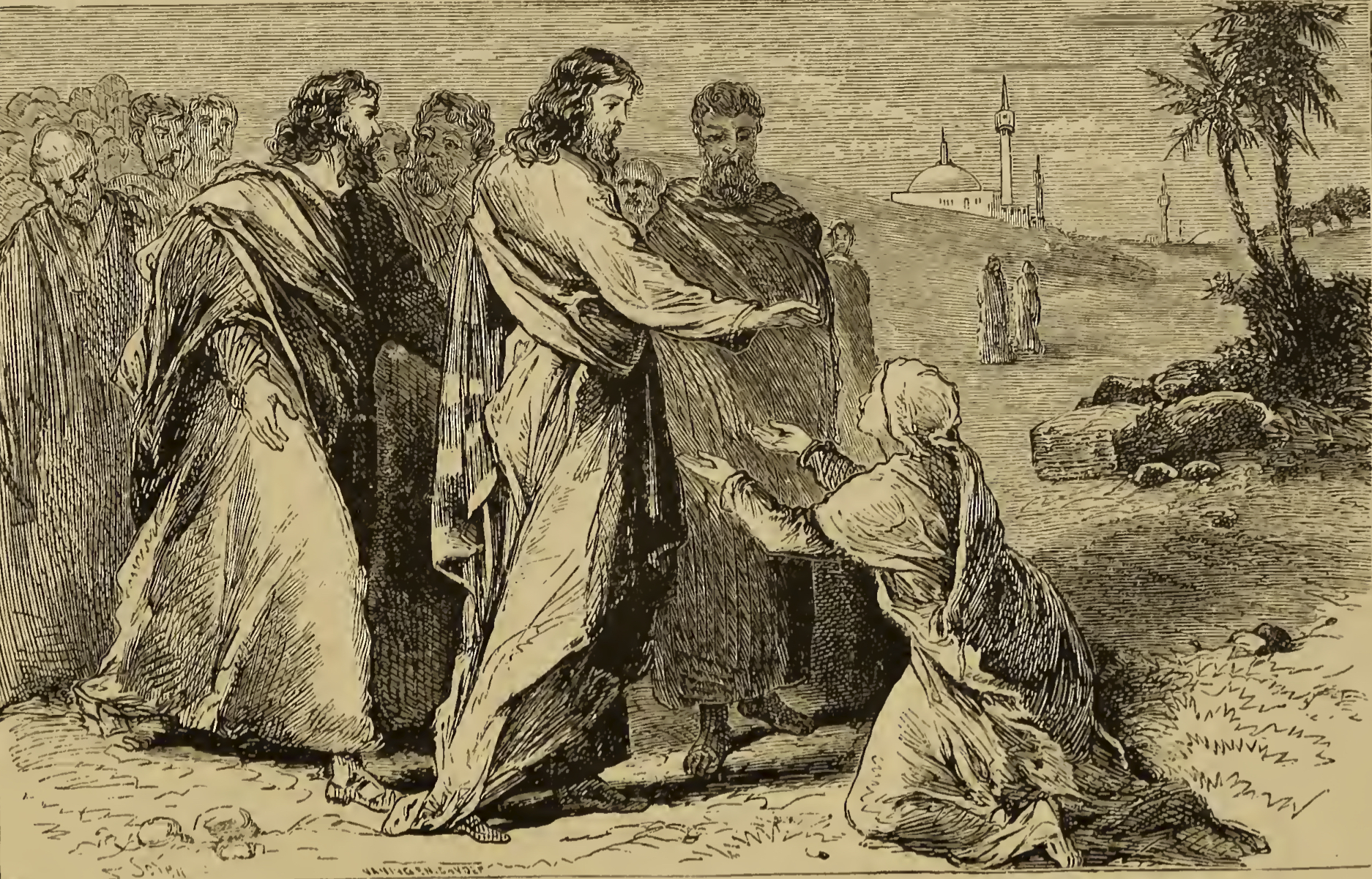 A woodcut image of Jesus, with a crowd of men behind Him, extending His hands toward a woman (with an issue of blood) on her knees with her hands held out to Him putting het trust in Jesus