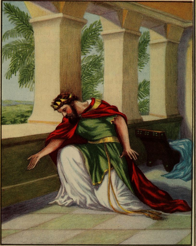 A color lithograph of King Hezekiah bowing down in a courtyard