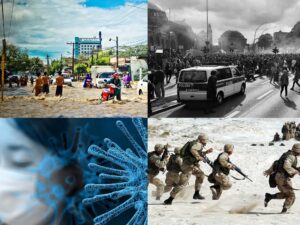 A four photo compilation of flooding, protesting, virus pandemic, and soldiers in desert skirmish