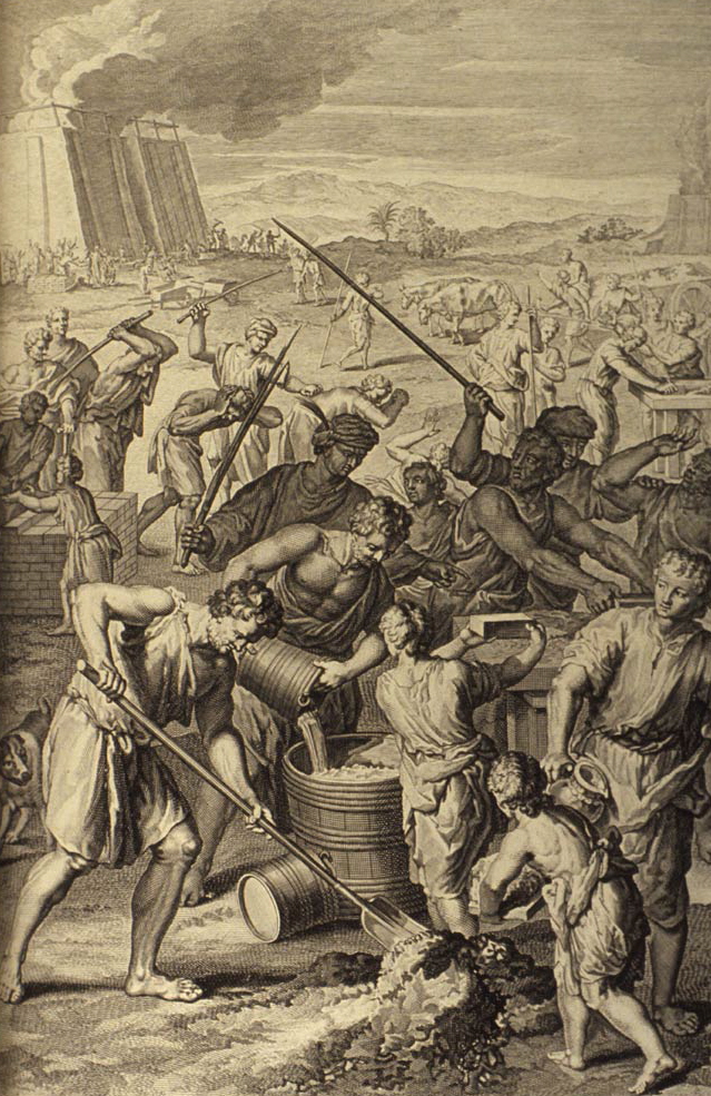 A 1726 woodcut drawing of the Israelites in working in oppression by the Egyptians