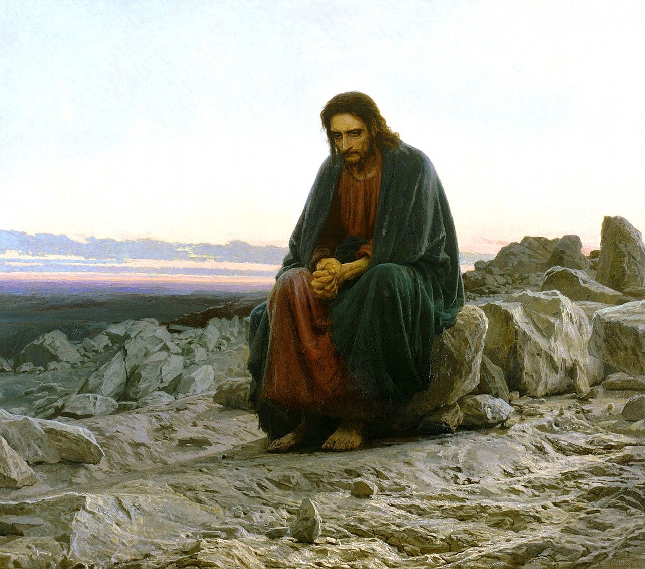 A painting of a man resembling Jesus sitting on rocks in prayer