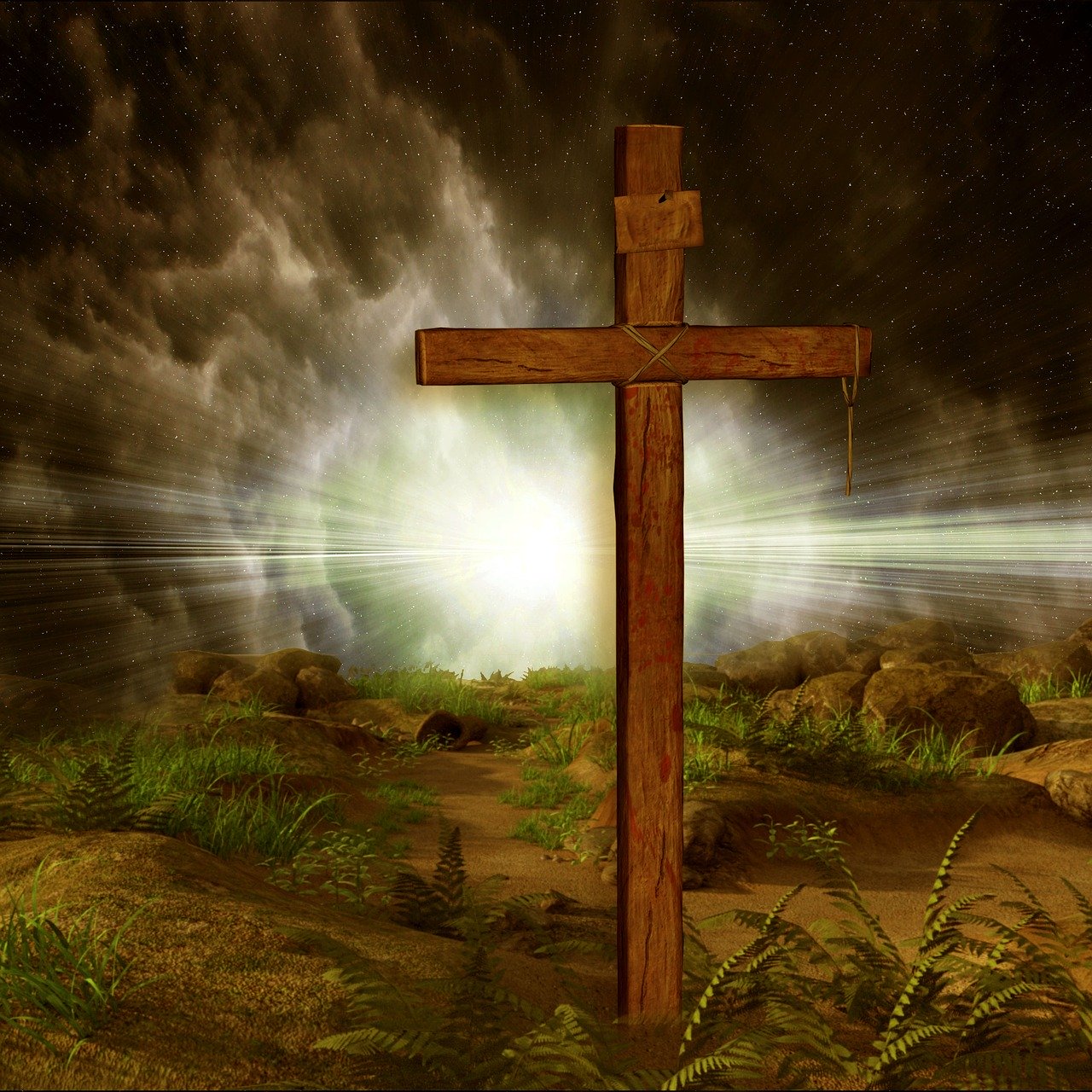 Digital artwork of an illuminated wooden cross at night on a desert style ground with a bright light emanating from clouds behind it