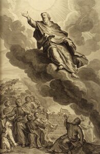 Woodcut of Enoch rising up with the clouds and people looking up from below