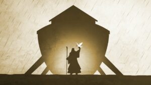 A drawing of Noah's ark in brown looking from the bow end with a lit silhouette of Jesus inside holding a white dove and a staff. The ark is still propped by timbers and rain is falling.