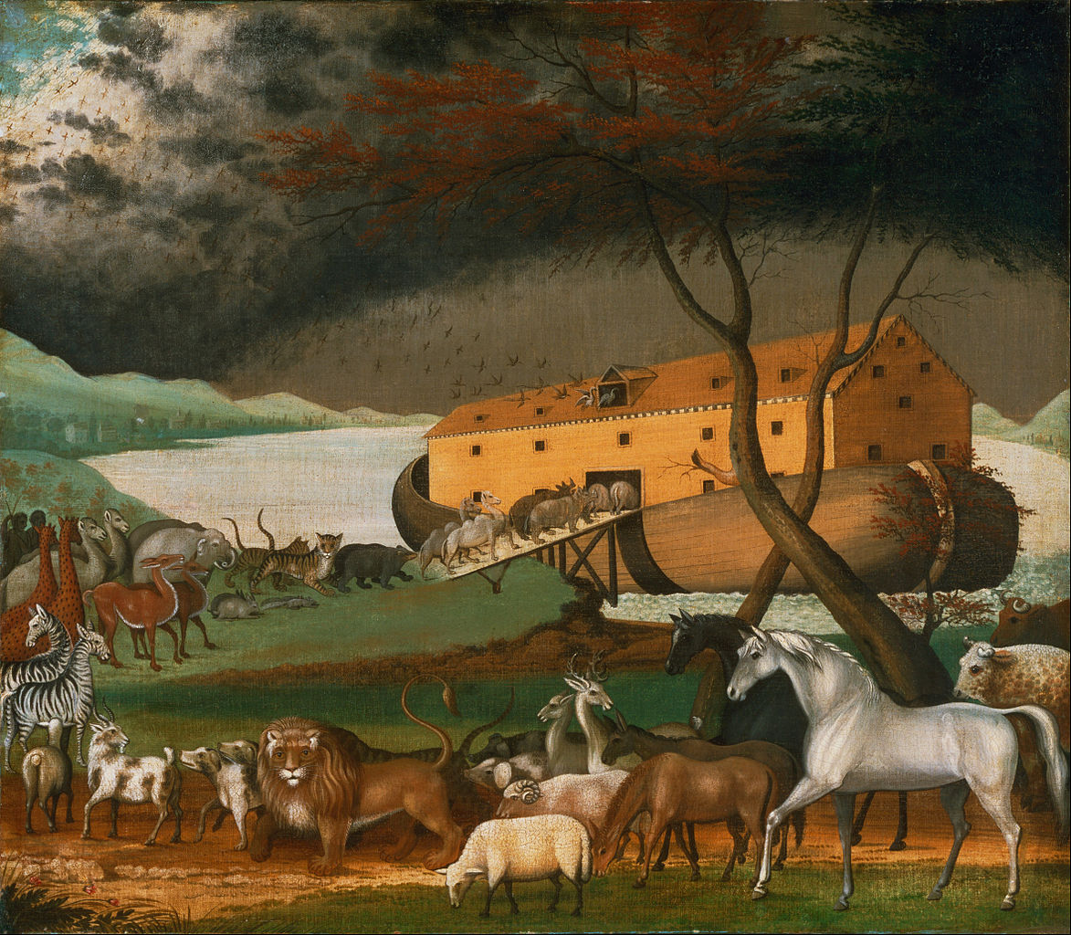 A painting by Edward Hicks of animals lining up and entering Noah's ark in the distance with dark clouds forming in the horizon
