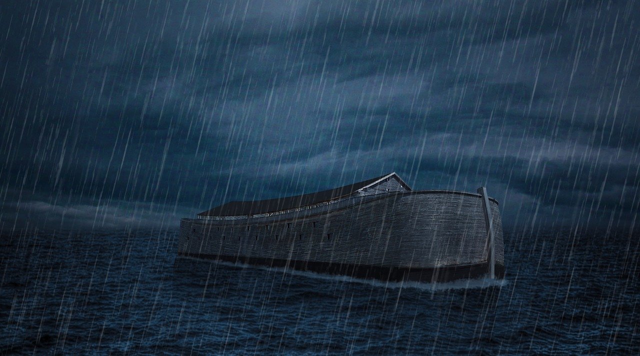 A color drawing of Noahs ark in the water by itself with heavy rains and dark sky all around it showing his faith in God