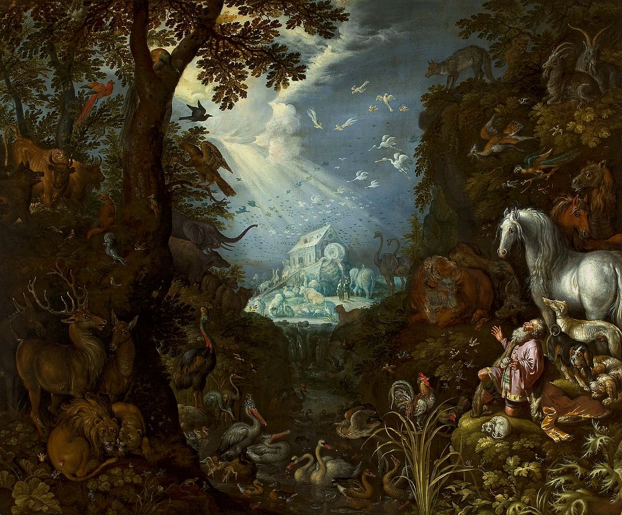 An oil painting by Roelant Savery of Noah kneeling and looking upward to the sky while near a large white horse and numerous assorted animals. In the distant background is the ark with beams of sun through broken clouds shining on it and those around it