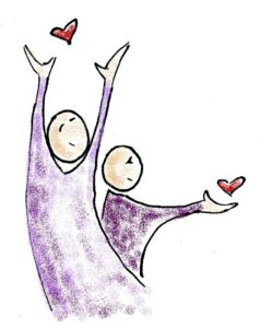 A line and crayon drawing of two smiling stick-style figures dressin in purple. One has an arm raised forward releasing a red heart and the other with arms upraised releasing another small red heart