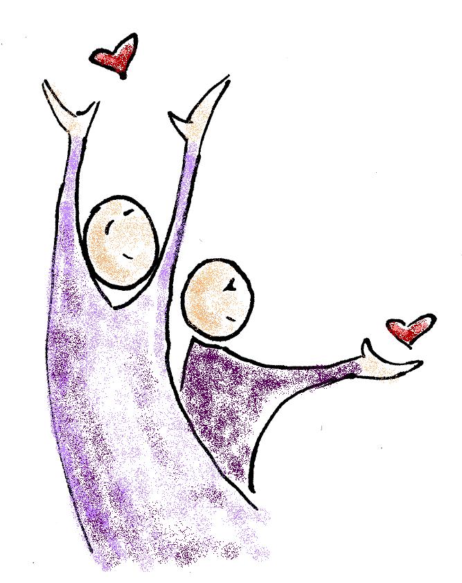 A line and crayon drawing of two smiling stick-style figures dressed in in purple demonstrating the love of God for us. One has an arm raised forward releasing a red heart and the other with arms upraised releasing another small red heart. 