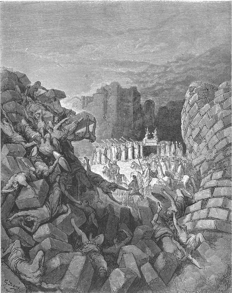 A woodcut image of the walls of Jericho fallen and the Israelites in the distant background blowing trumpets and holding the Ark of the Covenant