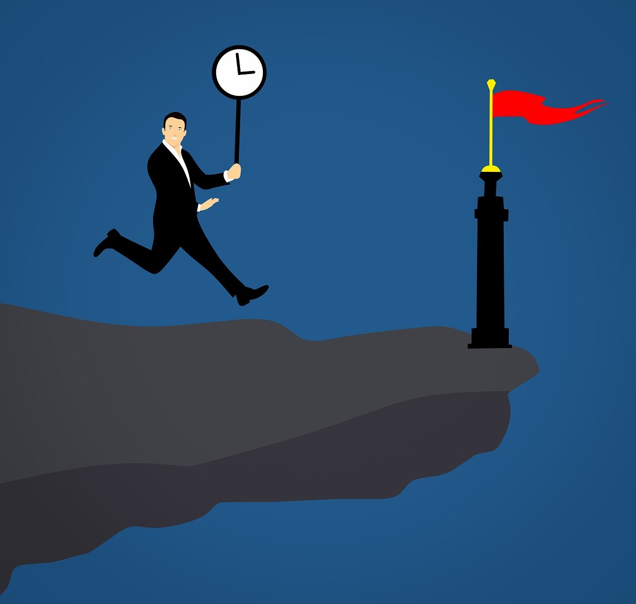 Graphical image of a man with a black suit and white shirt running towards the edge of a cliff (where there is a small flagpole with a red flag) smiling while holding a clock up on a stick.