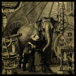 Woodcut drawing of man and woman embracing in an observatory with assorted instruments and an elephant in the background