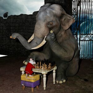 Digital image of elephant sitting behind chess game with white mouse as opponent and a waterfall behind a gate in the background