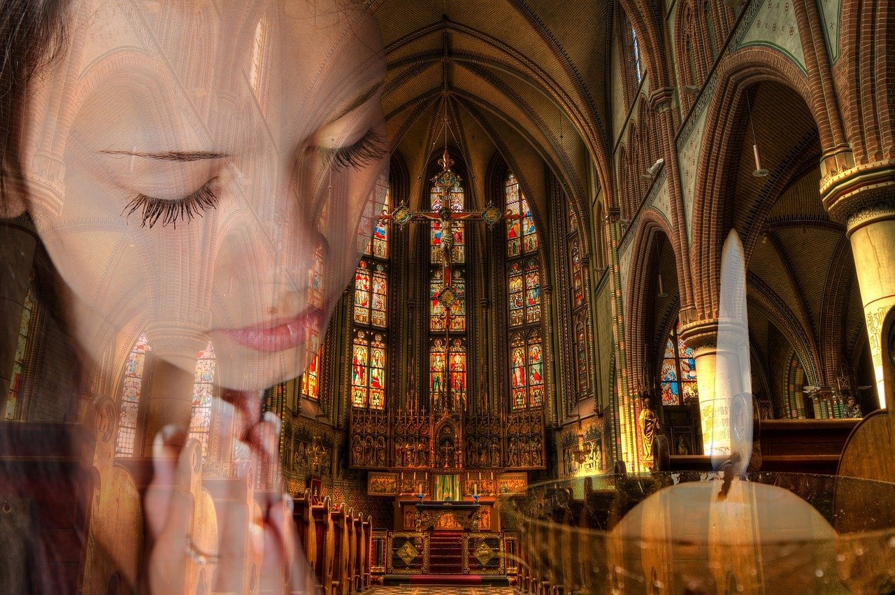 A composite image of a young woman in prayer on the left side, the interior of a large cathedral in the center and a lit white candle on the right side