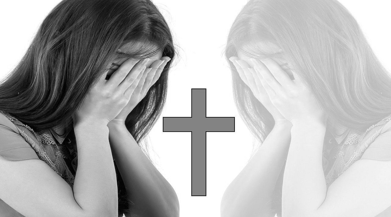 A black and white image compilation of a woman with her hands pressed against her face, a gray cross in the middle, and a faded inverted form of the same person on a white background