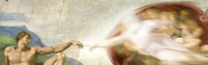 A modified painting by Michelangelo of God (in a blurred white form) reaching out and touching man