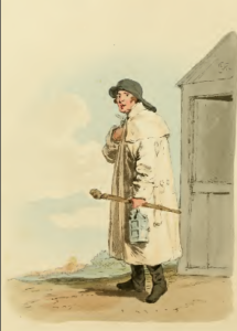 A color drawing of an English watchman with a white overcoat and green/gray hat carrying a lantern with a small building behind him in the right side