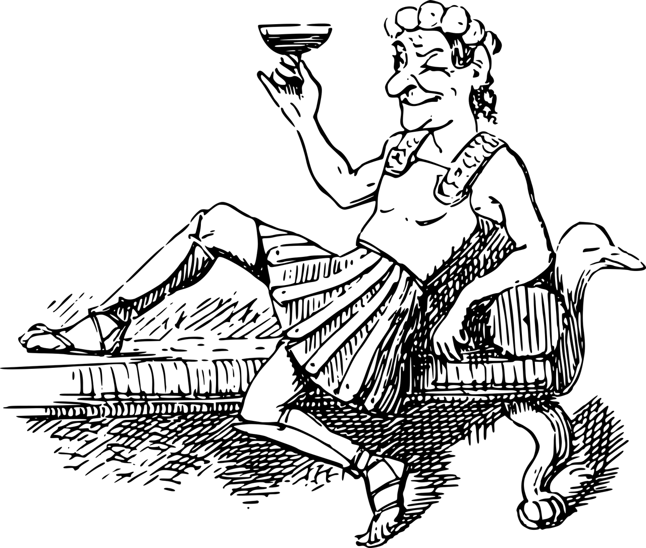 A graphical image of a black and white line drawing of a Roman man smiling and reclining while holding up a glass of a dark beverage