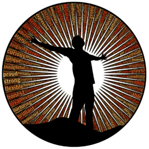 A graphical image of a silhouette of a man standing on a rock with arms outstretched and head lifted upward with words of descriptive human qualities in a circle surrounding him in the background in a manner that gives the appearance of white radiant light