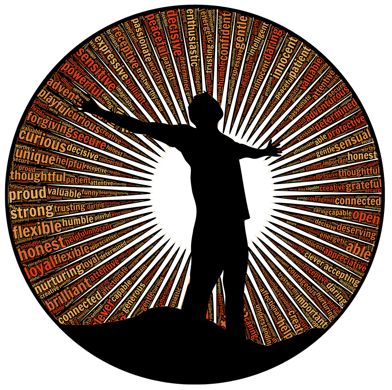 A graphical image of a silhouette of a man standing on a rock with arms outstretched and head lifted upward with words of descriptive human qualities in a circle surrounding him in the background in a manner that gives the appearance of white radiant light