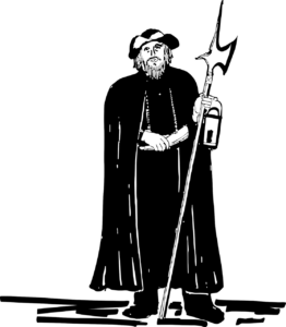 A black and white line drawing of a medieval watchman