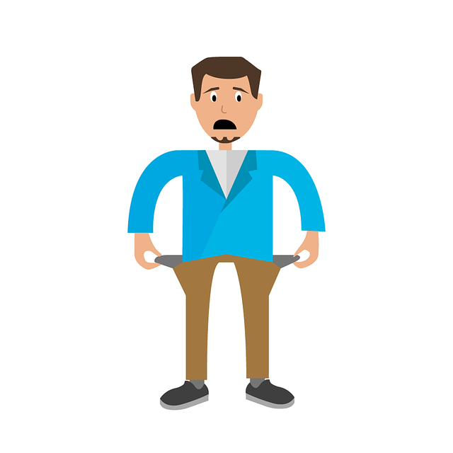A graphical image of a man wearing a blue shirt and tan pants holding his pockets out with a shocked expression on his face