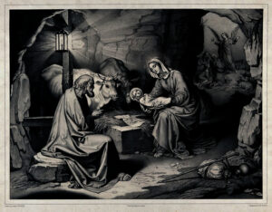 A modified lithograph of the birth of Christ in a cave with the angel announcing His birth outside in the distance by M. Fanoli after J. FÃ¼hrich