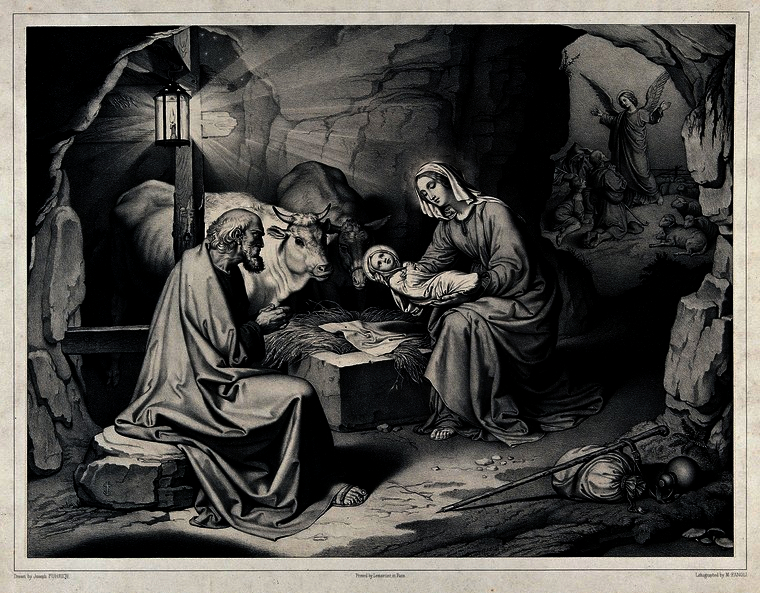 A modified lithograph of the birth of Christ in a cave with the angel announcing His birth outside in the distance by M. Fanoli after J. Führich