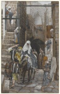 A painting by James Tissot of Joseph and Mary in Bethlehem seeking lodging