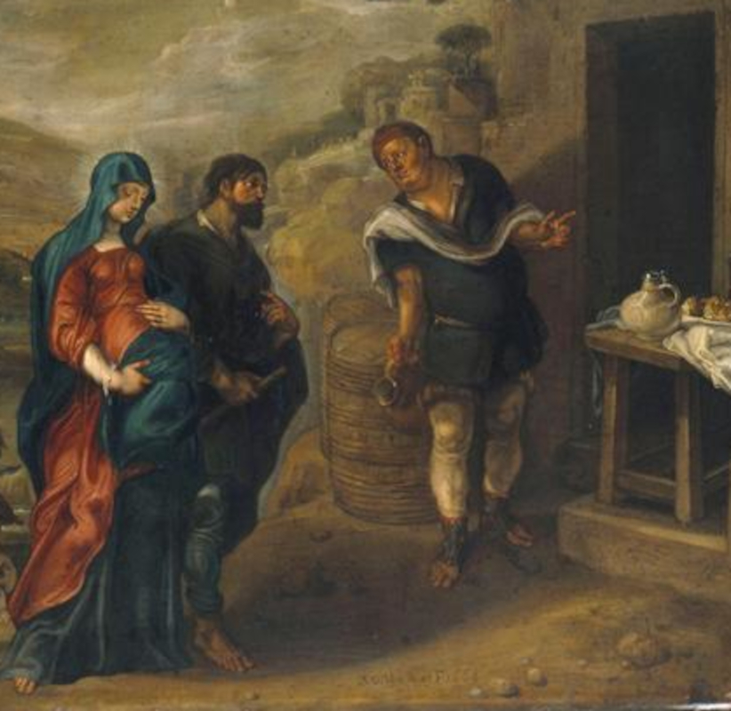 A cropped painting of Mary and Joseph seeking refuge in Bethlehem by Simon de Vos