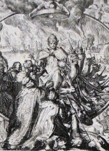 A black and white engraving of the woman sitting on the beast with numerous kings and nobles kneeling around her as mentioned in Revelation 17 of the Bible