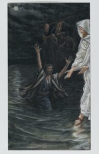A painting by James Tissot of Jesus standing on the water reaching out to Peter with a distressed expression on his face who is sinking with his hands fully raised in the air and the boat carrying the rest of the disciples displayed faintly in the background