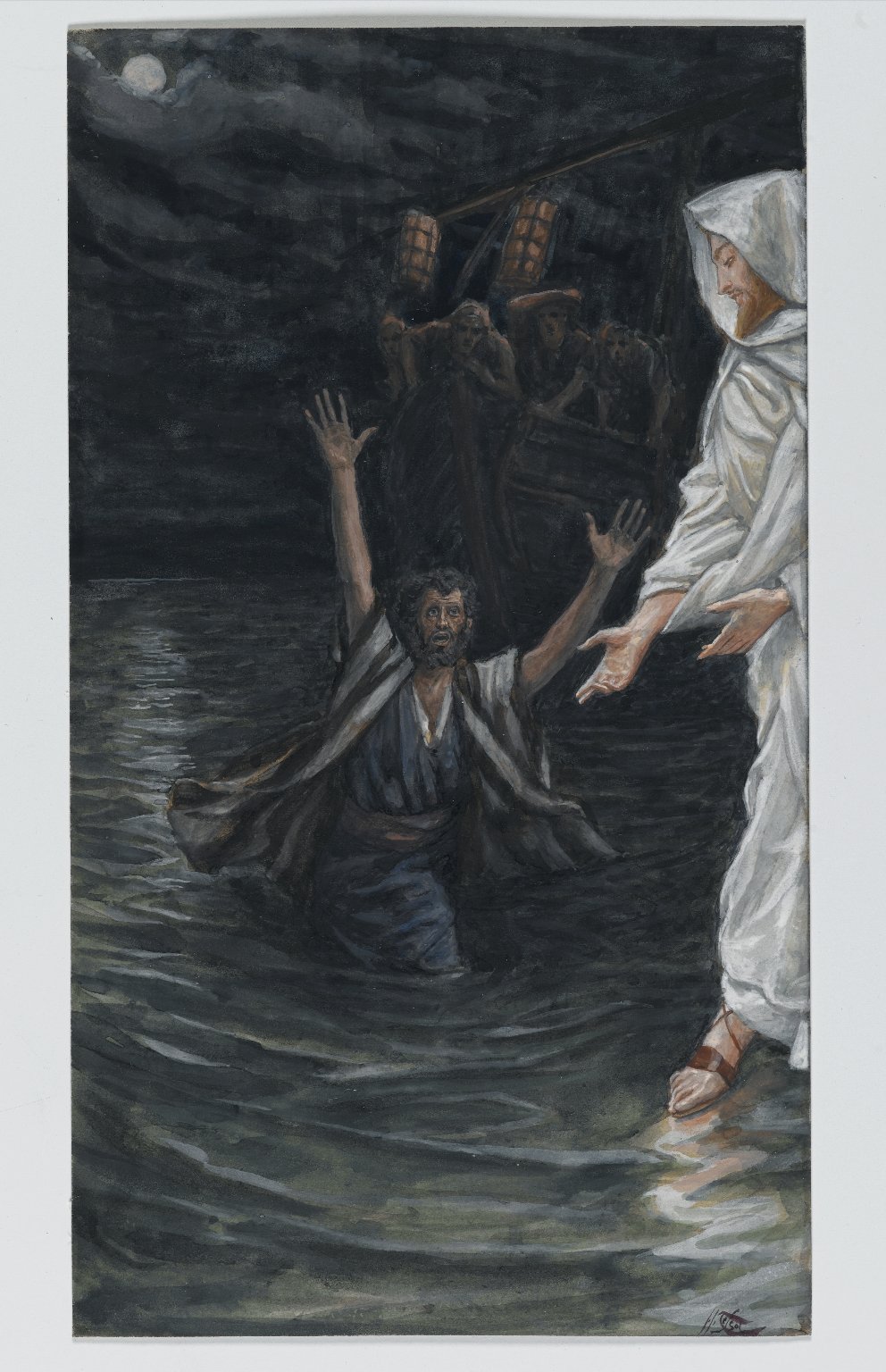 A painting by James Tissot of Jesus standing on the water reaching out to Peter with a distressed expression on his face who is sinking with his hands fully raised in the air and the boat carrying the rest of the disciples displayed faintly in the background