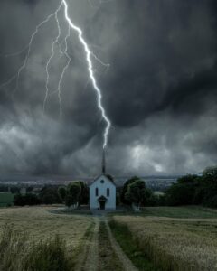 A photo of a dark stormy sky with lightning directly striking the steeple of a little country church in the middle of a small grassy field with trees behind and suburban development in the far background