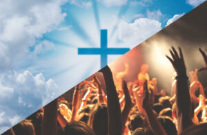 A modified photo showing a triangular split of a blue cross in a clouded blue sky and a concert with attendee's hands raised in front of bright lights