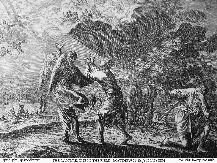 An etching by Jan Luyken of the rapture with an angel leading a man, who had been watching and waiting, with his arms raised upward towards a clouded sky filled with others who have been caught up and a man nearby down on bended knee with one hand over his face and the other raised outward near a pair of oxen